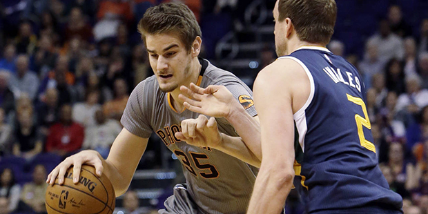 Phoenix Suns forward Dragan Bender (35) drives against Utah Jazz forward Joe Ingles in the second q...