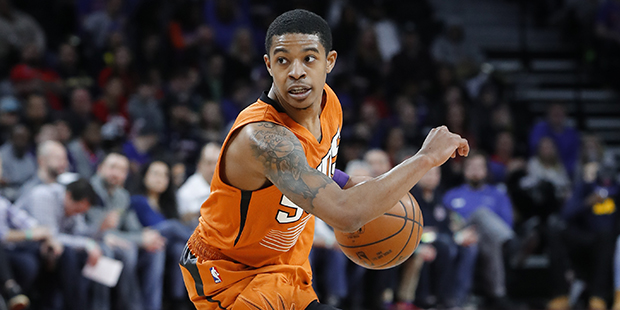Phoenix Suns guard Tyler Ulis (8) plays against the Detroit Pistons in the first half of an NBA bas...