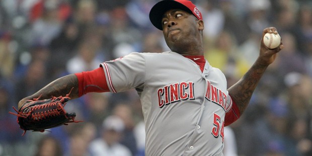 Cincinnati Reds closer Aroldis Chapman throws against the Chicago Cubs during the10th inning of a b...