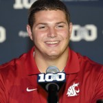 Washington State offensive tackle Joe Dahl speaks to reporters during NCAA college Pac-12 Football Media Days, Friday, July 31, 2015, in Burbank, Calif. (AP Photo/Mark J. Terrill)