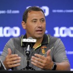 Southern California head coach Steve Sarkisian speaks to reporters during NCAA college Pac-12 Football Media Days, Friday, July 31, 2015, in Burbank, Calif. (AP Photo/Mark J. Terrill)