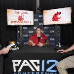 Washington State offensive tackle Joe Dahl speaks to reporters during NCAA college Pac-12 Football Media Days, Friday, July 31, 2015, in Burbank, Calif. (AP Photo/Mark J. Terrill)