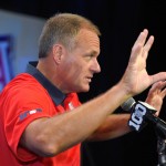 Arizona head coach Rich Rodriguez speaks to reporters during NCAA college Pac-12 Football Media Days, Friday, July 31, 2015, in Burbank, Calif. (AP Photo/Mark J. Terrill)