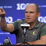Oregon head coach Mark Helfrich speaks to reporters during NCAA college Pac-12 Football Media Days, Friday, July 31, 2015, in Burbank, Calif. (AP Photo/Mark J. Terrill)