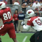 Tight end Ifeanyi Momah makes a catch while linebacker LaMarr Woodley defends during Arizona Cardinals training camp Sunday, Aug. 2. (Photo by Adam Green/Arizona Sports)