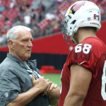 Left tackle Jared Veldheer gets instruction from assistant offensive line coach Larry Zierlein during Arizona Cardinals training camp Sunday, Aug. 2. (Photo by Adam Green/Arizona Sports)