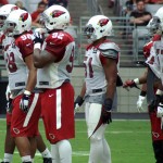 Members of the defense line up during Arizona Cardinals training camp Aug.12. (Photo by Adam Green/Arizona Sports)