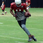 Receiver Larry Fitzgerald tiptoes the sideline  during training camp Aug. 13. (Photo by: Adam Green/Arizona Sports)