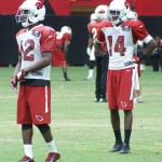 Receivers John Brown and J.J. Nelson line up at Arizona Cardinals training camp Thursday, August 27, 2015 in Glendale. (Photo: Adam Green/Arizona Sports)