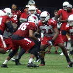 D.J. Humphries and the offensive line block during training camp Aug. 24. (Photo: Adam Green/Arizona Sports)