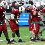 The Cardinals' first-team offensive line walks to the line of scrimmage during Arizona Cardinals training camp Aug.12. (Photo by Adam Green/Arizona Sports)