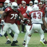 Running back Chris Johnson steps up to block safety Ross Weaver while guard Earl Watford moves during training camp Aug. 18. (Photo: Adam Green/Arizona Sports)