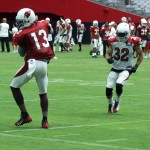 Receiver Jaron Brown comes down with a catch on the sideline as S Tyrann Mathieu watches during training camp Aug. 3. (Photo by Adam Green/Arizona Sports)