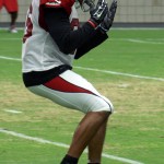 Safety Rashad Johnson looks at his hands after dropping an interception during Arizona Cardinals training camp Aug. 7. (Photo by Adam Green/Arizona Sports)