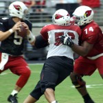 Rookie tackle D.J. Humphries tries to keep LB LaMarr Woodley away from QB Drew Stanton during Arizona Cardinals training camp Aug.12. (Photo by Adam Green/Arizona Sports)