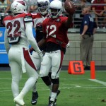 Receiver John Brown holds up the football after scoring a touchdown during Arizona Cardinals training camp Aug. 5. (Photo by Adam Green/Arizona Sports)