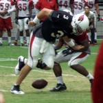 QB Carson Palmer and RB Kerwynn Williams collide in the backfield, resulting in a fumble, during Arizona Cardinals training camp Aug. 7. (Photo by Adam Green/Arizona Sports)