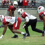 Calais Campbell (93), Alex Okafor (57) and Kevin Minter (51) ready for the snap  during training camp Aug. 13. (Photo by: Adam Green/Arizona Sports)