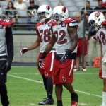Members of the secondary wait for the snap during Arizona Cardinals training camp Aug.12. (Photo by Adam Green/Arizona Sports)