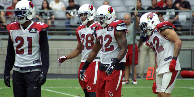 Members of the secondary wait for the snap during Arizona Cardinals training camp Aug.12. (Photo by...