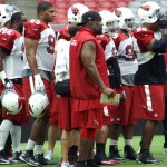 Members of the Cardinals defense watch  during training camp Aug. 13. (Photo by: Adam Green/Arizona Sports)