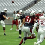 QB Carson Palmer throws a pass to WR Larry Fitzgerald as S Tony Jefferson defends during training camp Aug. 3. (Photo by Adam Green/Arizona Sports)