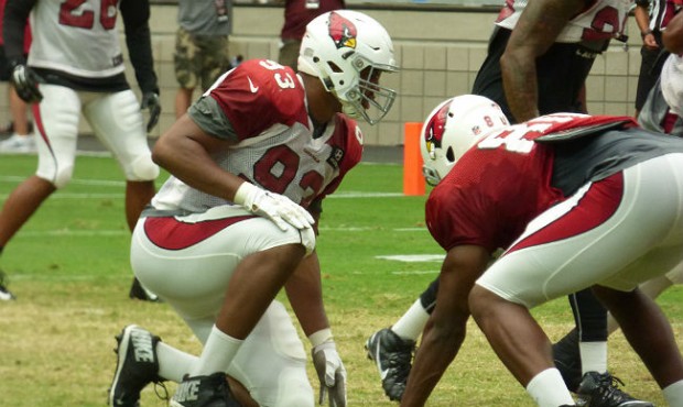 Defensive end Calais Campbell readies for the snap at Arizona Cardinals Training Camp in Glendale W...