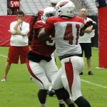 Linebacker Gabe Martin goes against running back Stepfan Taylor in a blocking drill at Arizona Cardinals Training Camp in Glendale Monday, August 3, 2015. (Photo: Vince Marotta/Arizona Sports)