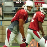Receivers Larry Fitzgerald and John Brown get ready for the snap at Arizona Cardinals Training Camp in Glendale Wednesday, Aug. 5, 2015. (Photo: Vince Marotta/Arizona Sports)