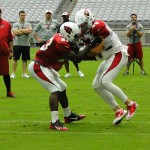 Running back Marion Grice and linebacker Alani Fua engage in a drill at Arizona Cardinals Training Camp in Glendale Monday, August 3, 2015. (Photo: Vince Marotta/Arizona Sports)