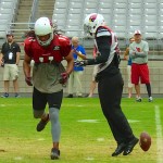 Wide receiver Larry Fitzgerald can't come up with the catch at Arizona Cardinals training camp in Glendale Thursday, August 13, 2015. (Photo: Vince Marotta/Arizona Sports)