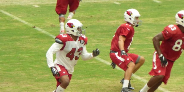 Ross Weaver (43) in coverage at Arizona Cardinals training camp in Glendale, Wednesday, August 19, ...