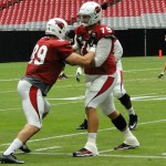 Tight end Gannon Sinclair and offensive lineman Bradley Sowell work on a blocking drill at Arizona Cardinals Training Camp in Glendale Tuesday, August 4, 2015. (Photo: Vince Marotta/Arizona Sports)