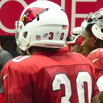 Running backs Stepfan Taylor (30) and Chris Johnson look on at Arizona Cardinals training camp Tuesday, August 18, 2015 in Glendale. (Photo: Vince Marotta/Arizona Sports)