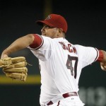 Arizona Diamondbacks' Jhoulys Chacin throws a pitch against the St. Louis Cardinals during the first inning of a baseball game Monday, Aug. 24, 2015, in Phoenix. (AP Photo/Ross D. Franklin)