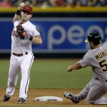 Arizona Diamondbacks' Chris Owings, left, throws to first base to get Oakland Athletics' Marcus Semien for the game-ending double play after forcing out Max Muncy (50) during the ninth inning of a baseball game Friday, Aug. 28, 2015, in Phoenix. The Diamondbacks defeated the Athletics 6-4. (AP Photo/Ross D. Franklin)