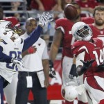 Arizona Cardinals wide receiver J.J. Nelson (14) pulls in a pass as San Diego Chargers cornerback Richard Crawford (35) defends during the first half of an NFL preseason football game, Saturday, Aug. 22, 2015, in Glendale, Ariz. (AP Photo/Ross D. Franklin)
