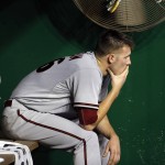 Arizona Diamondbacks starting pitcher Patrick Corbin (46) sits in the dugout after being relieved during the second inning of a baseball game against the Washington Nationals at Nationals Park, Tuesday, Aug. 4, 2015, in Washington. (AP Photo/Alex Brandon)