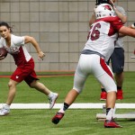 Arizona Cardinals training camp coach Jen Welter works with players during an NFL football training camp, Wednesday, Aug. 5, 2015, in Glendale, Ariz. (AP Photo/Matt York)