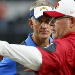 Arizona Cardinals coach Bruce Arians, front, talks with San Diego Chargers coach Mike McCoy prior to an NFL preseason football game, Saturday, Aug. 22, 2015, in Glendale, Ariz. (AP Photo/Matt York)