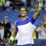 Rafael Nadal, of Spain, reacts after winning his match against Jeremy Chardy, of France, at the Western & Southern Open tennis tournament, Thursday, Aug. 20, 2015, in Mason, Ohio. (AP Photo/John Minchillo)