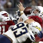 Arizona Cardinals' Drew Stanton, top, grimaces as he is sacked by San Diego Chargers' Darius Philon (93) during the first half of an NFL preseason football game Saturday, Aug. 22, 2015, in Glendale, Ariz. (AP Photo/Ross D. Franklin)