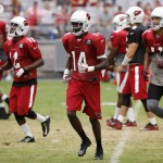 Arizona Cardinals' John Brown (12) and J.J. Nelson (14) join teammates Larry Fitzgerald (11) and Ifeanyi Momah, left, as they break a huddle to run a play during NFL football training camp Thursday, Aug. 13, 2015, in Glendale, Ariz. (AP Photo/Ross D. Franklin)