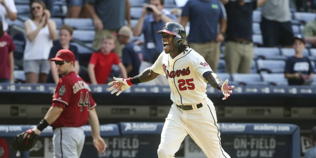 Atlanta Braves' Cameron Maybin (25) rounds the bases after hitting a game winning home run in the t...