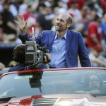 Former Atlanta Braves pitcher John Smoltz is honored for his induction into the Baseball Hall of Fame before the start of a baseball game against the Arizona Diamondbacks, Friday, August 14, 2015, in Atlanta. (AP Photo/John Amis)