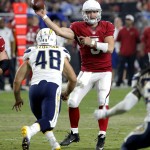 Arizona Cardinals quarterback Drew Stanton (5) throws as San Diego Chargers linebacker Nick Dzubnar (48) pursues during the first half of an NFL preseason football game, Saturday, Aug. 22, 2015, in Glendale, Ariz. (AP Photo/Ross D. Franklin)