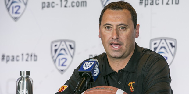 Southern California head coach Steve Sarkisian takes questions at the4 Pac-12 NCAA college football...