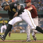 Pittsburgh Pirates' Gregory Polanco is tagged out by Arizona Diamondbacks shortstop Nick Ahmed during the second inning of a baseball game on Wednesday, Aug. 19, 2015, in Pittsburgh.  (AP Photo/Fred Vuich)
