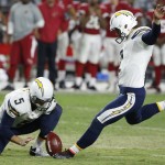 San Diego Chargers' Josh Lambo, right, prepares to kick the game-winning field goal against the Arizona Cardinals as holder Mike Scifres (5) sets the football during the second half of an NFL preseason football game Saturday, Aug. 22, 2015, in Glendale, Ariz.  The Chargers won 22-19. (AP Photo/Ross D. Franklin)