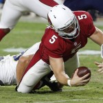 Arizona Cardinals' Drew Stanton (5) gets sacked by San Diego Chargers' Nick Dzubnar, left, during the first half of an NFL preseason football game Saturday, Aug. 22, 2015, in Glendale, Ariz. (AP Photo/Ross D. Franklin)